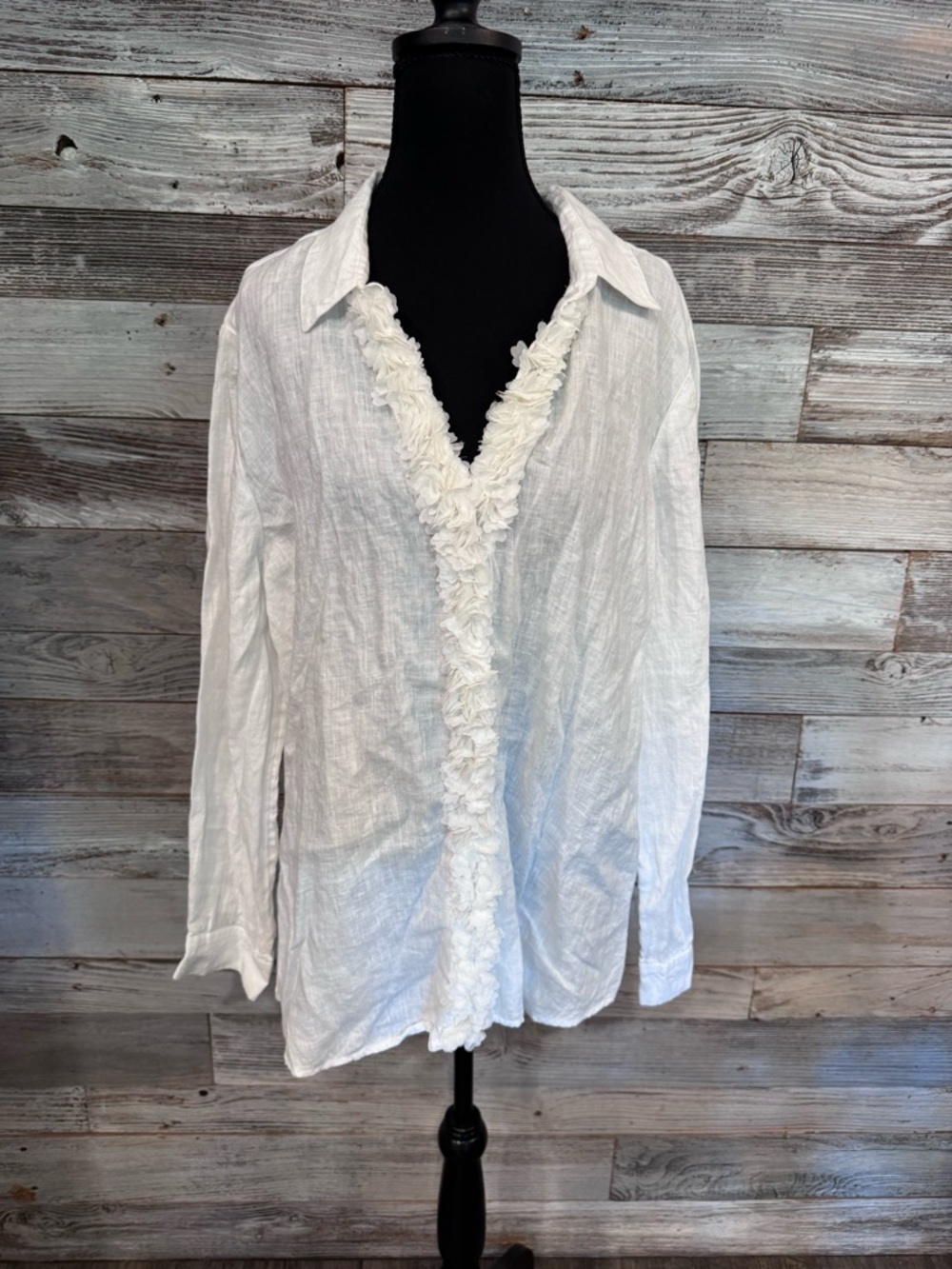 Chico's Sheer White Ruffle-Trim Button Front Linen Blouse